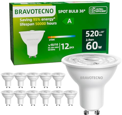 bravotecno GU10 LED Glühbirne, Energieklasse A LED Warmweiss, 2700K 2.9W 520LM GU10 Spot Warmweiß Leuchtmittel Entspricht 60W, 36° Abstrahlwinkel, Nicht Dimmbar, Wärmearm & Langlebig, 12 Stück