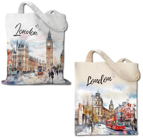 Cunegra London Geschenk Stoffbeutel, London Souvenir, Stofftasche mit Doppelseitig Bedruckte, Canvas Tasche Damen Einkaufstasche, Stofftaschen für Büro, Reisen, Einkaufen, 40×35CM