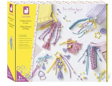Janod – Kreativset Taschenanhänger – 6 Accessoires zum Selbstgestalten (4 große Anhänger + 2 Glücksbringer) – Farbige Perlen, Makramee-Fäden, Bänder – DIY-Aktivität Ab 7 Jahren – Geschenkbox