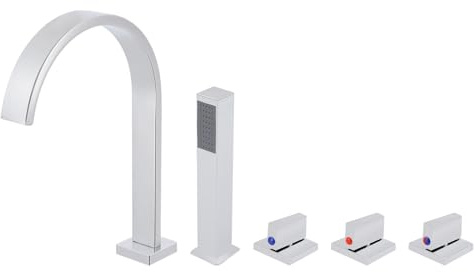 Robinet de baignoire à 5 trous, douchette à main, kit chromé, robinet de baignoire, grand débit d'eau, deux sorties d'eau, un tuyau d'environ 10 m, installé à la maison, dans les hôtels, etc