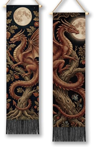 TNKBREEZE 2 Stück Drachen Wandteppiche Drachen Und Baum Langer Vertikaler Wandbehang Quasten Wand Ästhetischer Wandteppich Für Schlafzimmer Wohnzimmer Sitzbereich Wohnheim Wohnung Dekor 130x33cm