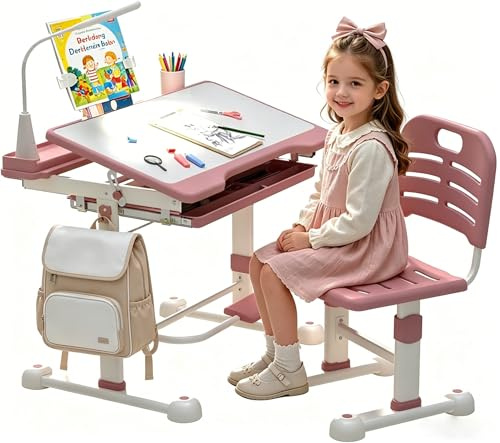 JMGJOY Kinderschreibtisch und Stuhl Set, Schreibtisch Kinder, Höhenverstellbar Kinderschreibtisch für Kinder 3-12 Jahren, multifunktionaler Kindertisch mit 3-Modus-LED-Lampe und Bücherregal (Rosa)