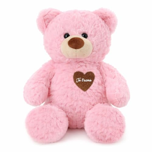 Ours en Peluche Doux 30cm avec cœur Texte Je t’Aime | Peluche Cadeau Enfant ou Adulte | Ourson décoratif Chambre | Disponible en Blanc, Marron ou Rose (Rose)