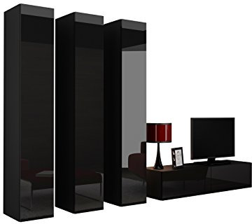 Wohnwand VIGO XIV Anbauwand Modernes Wohnzimmer Set, Mediawand, Vitrine, Hängeschrank TV-Schrank (Schwarz/Schwarz Hochglanz)