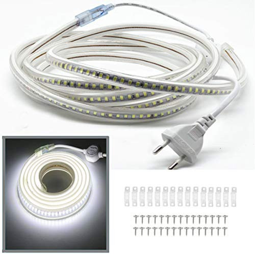 FOLGEMIR 8 Meter Kalt Weiß LED Band, 2835 SMD 144 Leds/m Lichtleiste, 220V 230V LED Strip, sehr helle Beleuchtung - ca. 900 LM pro Meter, IP65 wasserdicht
