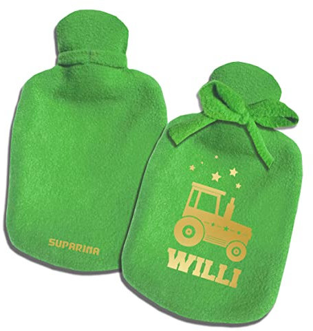 SupaRina Personalisierter Wärmflaschen-Bezug Kühlen Wärmen mit Namen und Motiv Traktor, unterschiedliche Farben und Motive nach Wahl, befüllbar kalt oder warm, weicher Fleece Grün auch mit Flasche