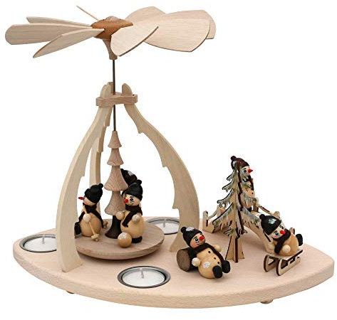 Dekohelden24 Holz Teelicht-Pyramide mit Szene, für 3 Teelichte, Motiv: Schneemänner, ca. 32 x 19,5 x 25 cm.