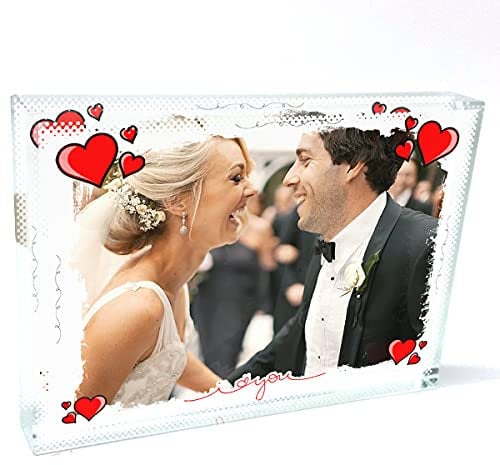 ShopQuality4U Picture with Love Frame I Love You Red Hearts Personalised Printed Large Crystal Block (13 x 9cm), Custom Photo Glass Block, Birthday Present, Mothers Day Gift