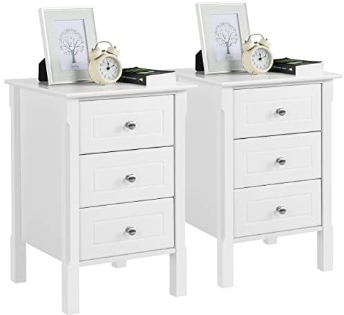Yaheetech 2pcs Mesitas de Noche Blancas Mesilla de Noche Madera con Tres Cajones Mesillas Auxiliares de Estilo Moderno para Dormitorio Salon 40x40x60cm