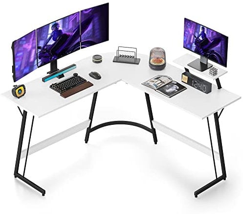Cubiker L-förmiger Schreibtisch, Gaming Tisch mit Monitorständer, Pc Ecktisch Computertisch, 130 x 130 cm Eckschreibtisch für Büro, Platzsparend, Einfach zu Montieren Eck Tisch, Weiß