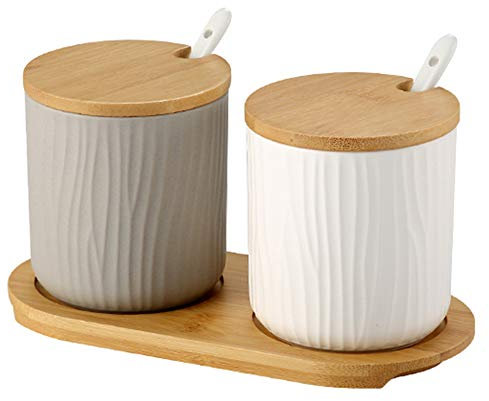 OnePine 2er Set Keramik Gewürzdosen Zuckerdose Keramik Zucker Schüssel mit Löffel und Bambus Deckel für Tee Zucker Salz Gewürze Bei Zuhause und Küche