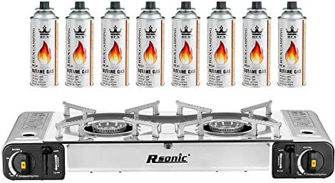 Mianova Campingkocher Doppel Gaskocher 2 flammiger Shisha Anzünder Grill Notfallkocher Kühltasche Gaskartuschen Gas Kocher Set Silber 8 Gasflaschen