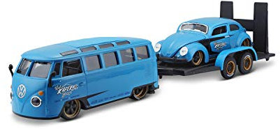 Maisto 32752-00000063 Design Elite Transporter Volkswagen Van Samba + Volkswagen Beetle: Modelltransporter mit Anhänger, 2 Modellautos, Türen zum Öffnen, Maßstab 1:24, 43 cm, blau (532752), 532751