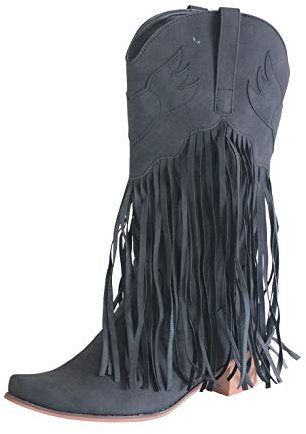 Stivali da Donna con Tacco Piatto, con Frange, Stile Casual, Stivaletti da Neve/Invernali in Pelle con Punta Quadrata Nappa Scarpe con Tacco Basso Caviglia Occidentale (41,Nero)