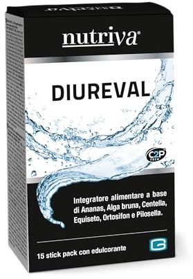 NUTRIVA Diureval, Integratore Alimentare con edulcorante gusto naturale mela in bustine, adatto per i vegani (15 stick pack da 10 ml)