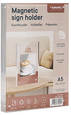EUROPEL Luxe Tischaufsteller DIN A5 mit Magnete, Hoch- oder Querformat, Acryl, 2x10mm, Speisekarten & Prospekthalter für Restaurants, Hotels, Konferenz & Rezeption, freistehend & doppelseitig