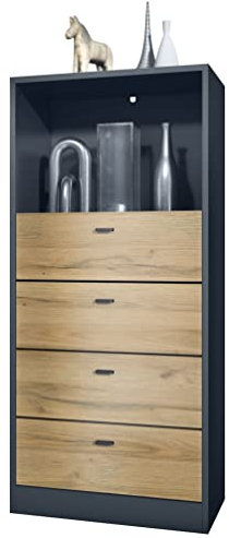 Vladon Kommode Pino V3, Made in Germany, Anrichte mit 4 Schubladen & 1 offenem Fach, Anthrazit matt/Eiche Natur ohne LED (56 x 125 x 36 cm)