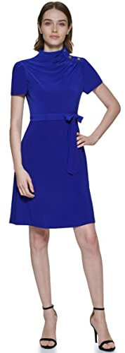 DKNY Damen Short Sleeve Funnel Neck Belted Fit and Flare Dress Kleid, Blau (Berry Blue), 44