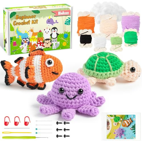 BWkoss Häkelset für Anfänger, niedliches Häkelfisch, Schildkröte, Oktopus, Bastelarbeiten, komplettes Material-Set mit Schritt-für-Schritt-Anleitung und Video-Tutorials für Strickbegeisterte
