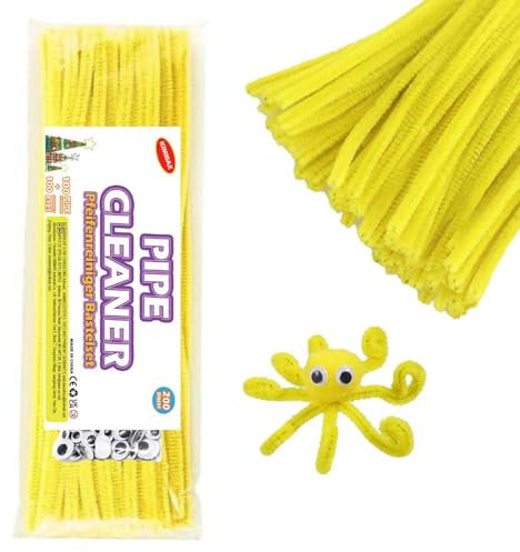 KIMMAX Pfeifenreiniger Chenilledraht Bastelset Bunt und Googly Eyes für Kinder Basteln und Dekorieren (Yellow)