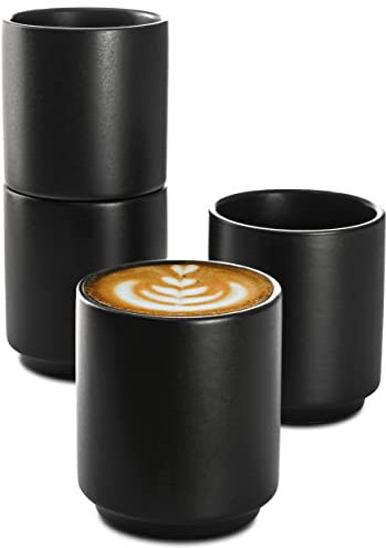 Cosumy Cappuccino Tassen 8er Set Schwarz aus Keramik - Stapelbares Design - Entworfen für Latte Art - 200 ml