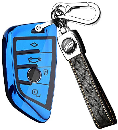 ontto Coque de clé avec porte-clés compatible avec BMW séries X1, X3, X5, X6, 1, 2, 5, 7, Bleu - L, Long-keychain