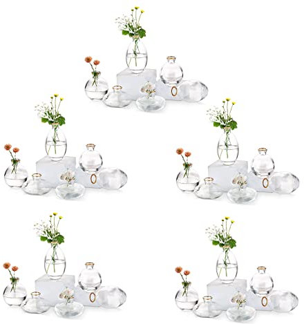 EylKoi Kleine Vasen füR Tischdeko Glas 10 Sätze(30 Stück) Transparent mit Goldrand Mini Vase Vintage Handmade Hydroponic Glasvase Blumenvase Modern Set Hochzeit Tischdeko, Zuhause Wohnzimmer Blumen