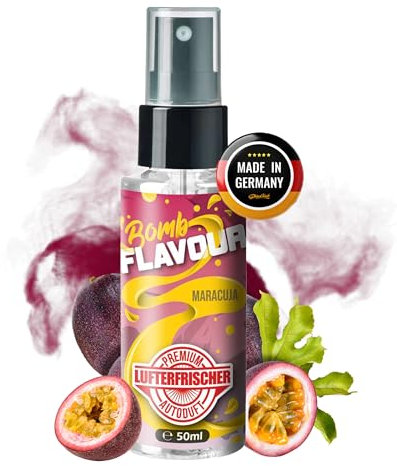 ShinyChiefs FLAVOUR BOMB Maracuja - Autoduft mit Maracuja-Geruch - Premium Lufterfrischer und Auto Parfüm für den Innenraum, neutralisiert Gerüche im Auto, hochergiebig, Pumpsprühflasche, 50ml