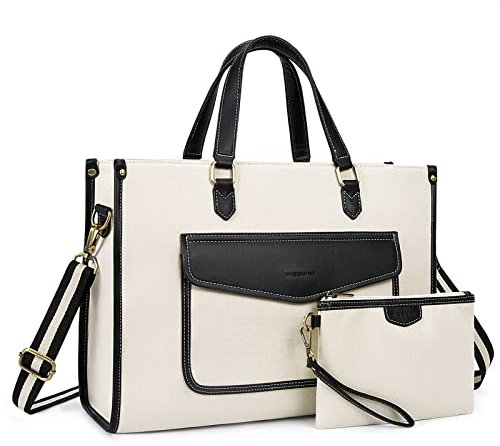 Missnine Cabas Femme Toile, Sac à Main de Jour, Sac Ordinateur Portable 15,6 Pouces, Grande Capacité, 4 Façons de Porter, Ensemble 2 Pièces, Noir + Beige
