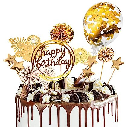 Birthday Cake Decoration, Gold Personalised Firework Cake Topper for Boys Girls, Confetti Balloon Cake Topper with Stars Paper Fans for Golden Theme Party Birthday Cake Decoration (Gold)