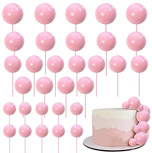 SYKYCTCY 24 PCS Ball Cake Toppers Balls Cupcake Toppers Foam Ball Shaped Cake Picks DIY Balloons Cake Insert Topper for Wedding Enagement Baby Shower Birthday Party Cake Decorations Supplies Pink