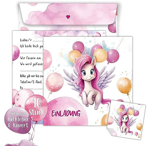 TOBJA Einladungskarten Einhorn inkl. Sticker | XXL Einhorn Kindergeburtstag 15 x 15 cm Partyeinladungen | 10er Set mit Umschlägen & Stickern | Einladungskarten Kindergeburtstag (Einhorn)