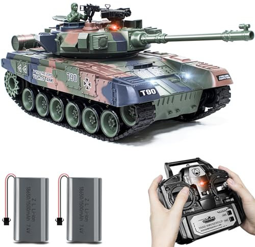 Supdex RC Panzer 1/18 Russischer T90, 2.4GHz Panzer Ferngesteuert mit Schussfunktion, WW2 Modell Panzer Kampfpanzer, mit Rauch, mit Licht und Sound, Spielzeug für Erwachsene und Kinder