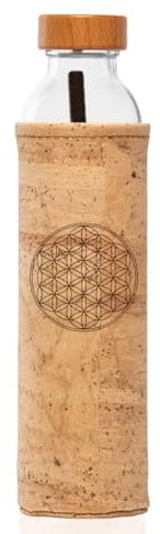 FLASKA | Botella de Agua de Vidrio | 750ml | Sin BPA | Tapa a Rosca | Funda de corcho | Ideal para Deporte, Oficina, Yoga | Estructura el Agua | Flor de la Vida