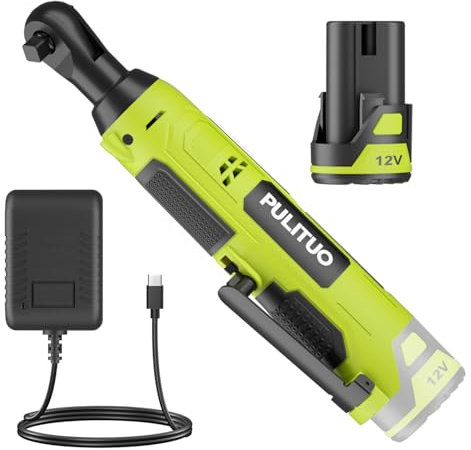 PULITUO 12V 3/8 Pouces Clé à Cliquet Sans Fil, 40Ft-lbs Kit de Clé à cliquet électrique avec 2.0Ah Li-ion batteria & chargeur, 300RPM Vert Clé à cliquet à vitesse variable