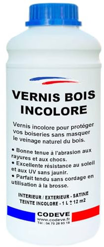 Vernis Bois Incolore - Codeve Bois - 1 L - Intérieur/extérieur - Pour Garder La Transparence Des Veines Du Bois Sans Les Masquer.