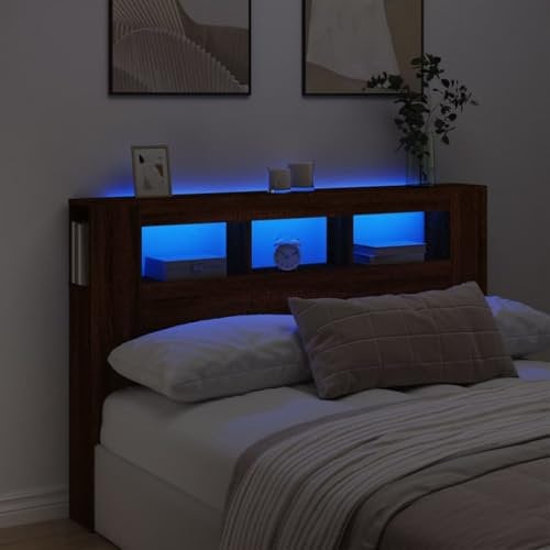 vidaXL Tête de Lit à LED, Tête de Cadre de Lit, Accessoire de Lit Double, Meuble de Chambre à Coucher Maison Intérieur, Chêne Marron 160x18,5x103,5cm Bois Ingénierie