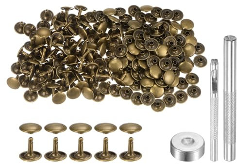 QUARKZMAN 100 Juegos Remaches de Cuero 12 x 12 mm Remaches de Doble Tapa de Metal Broches de Presión Sujetadores con 3 Herramientas de Instalación para Cuero Manualidades Bronce
