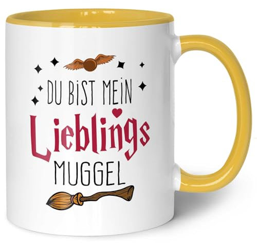 GRAVURZEILE Bedruckte Tasse mit Spruch - Du bist mein Lieblingsmuggel - Kaffeetasse mit Spruch als Geschenk für Fantasy Fans - Zauberhafte Geschenke für Sie & Ihn - Farbe: Gelb