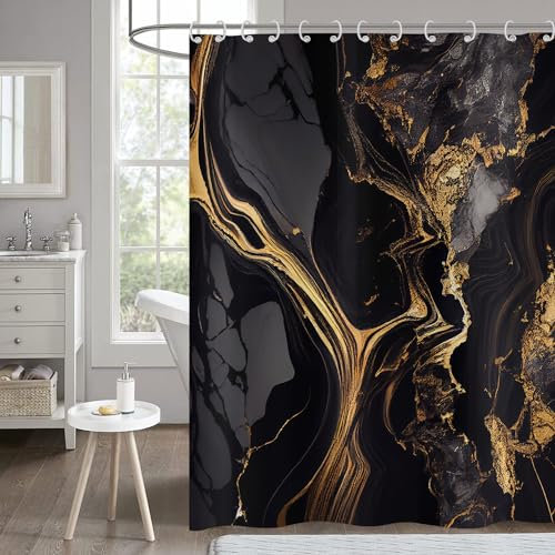 Rideau de douche Marbre 180x180, Hnmdmyi Noir et Or Paillettes Rideau de douche Abstrait Déchirure Encre Texture Moderne Luxe Art Rideau de baignoire Imperméable Polyester Tissu Lavable Rideau de bain