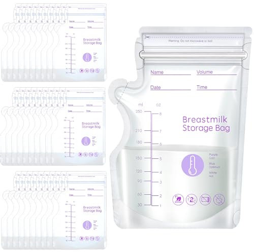 50 Pcs Breastmilk Storage Bags, 8oz Temp-Sensing Milk Storing Bags with Easy Pour Spout for Breastfeeding, No-Leak Stand-Up Milk Storage Pouches for Refrigeration and Freezing, 250ml