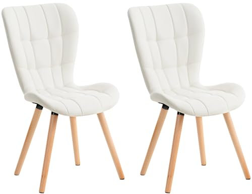 CLP 2er Set Esszimmerstuhl Elda I Stoff, Kunstleder, Samt I Lehnstuhl Mit Robustem Holzgestell Und Stilvollen Ziernähten, Farbe:weiß, Material:Kunstleder