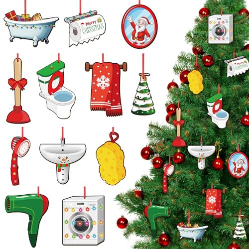 Amyhill 12 Stück Weihnachtsschmuck aus Holz für Weihnachtsbaum, Kolben, Wanne, Toilettenpapier, Ornament, lustige hängende Dekorationen mit Seil für Weihnachtsbaum, Kamin, Urlaub, Partygeschenk