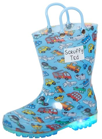 Kids Light Up Vehicle Wellington Boots Boys Wellies with Handles and Flashing Lights Cars Rain Snow Shoes