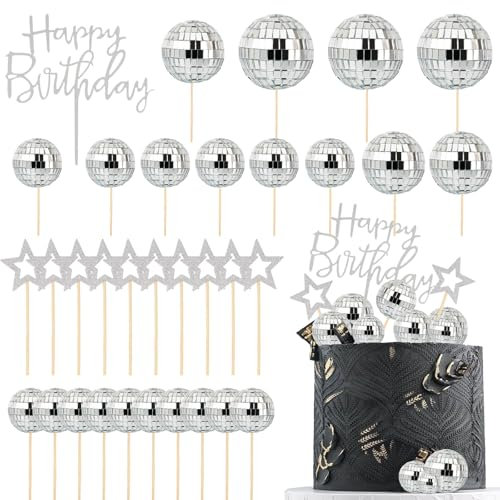 33PCS Disco Ball Cake Topper, 1970s Disco Ball Cake Picks Dance Party Supplies,Small Disco Balls Cake Decorations for Disco 70s Theme Party