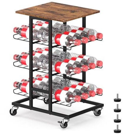 Portabottiglie su Ruote a 3 Livelli, Supporto per Bottiglie Mobile per 24 Bottiglie, Carrello da Servizio con Piano in Legno, Carrello Bar in Metallo per Bevande, per Cucina e Feste