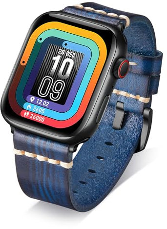 BINLUN Leather Strap Compatible with Apple Watch 38mm 40mm 41mm 42mm 44mm 45mm 46mm 49mm Handmade Retro Band Compatible with iWatch Series 10 9 8 7 6 5 4 3 2 1 SE SE2 Ultra Ultra2, 22mm, Blue