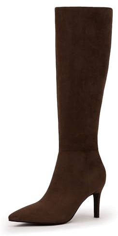 Easyfox Stivali alti al ginocchio Stivali alti da donna a punta Stivali alti 3 In Stiletto Tacco alto Stivali lunghi con cerniera laterale Stivali alti al ginocchio, Camoscio marrone scuro., 40 EU