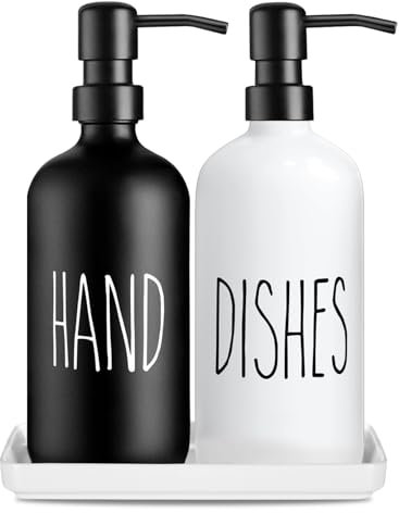 Ensemble De Distributeurs De Savon en Verre Premium : Pack De 2 pour Évier De Cuisine, Capacité 500 ML / 17 Oz, Flacons De Savon pour Les Mains, Gel Douche, Nettoyant Corporel (Blanc & Noir)