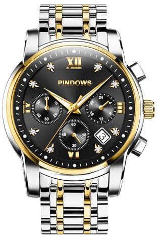 PINDOWS Herrenuhren Luxus Quarz-Analoguhr Datumsanzeige und großem Ziffernblatt wasserdichte modische Business-Armbanduhr Elegante zweifarbige Edelstahl-Klassiker-Herrenuhr mit beleuchtetem Kalender